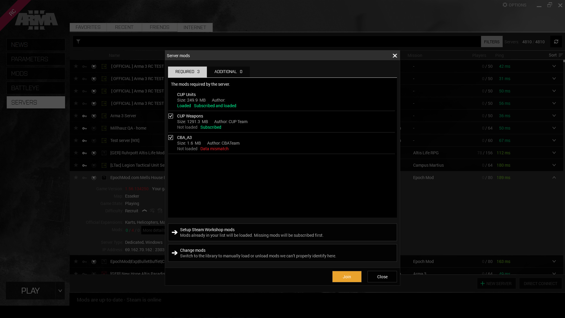 not able to play arma 3 servers